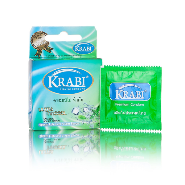 Ảnh của Bao cao su Krabi Siêu mỏng/ Hương bạc hà – Ultrathin Cool Krabi Premium Condoms hàng Thái Lan Hộp 3 chiếc