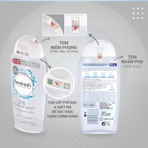 Ảnh của Dung dịch vệ sinh phụ nữ cao cấp cho da nhạy cảm Femfresh 0% Sensitive Wash 250ml (màu xám )
