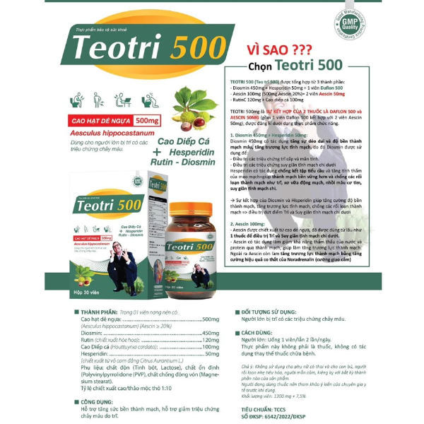 Ảnh của Viên uống Teotri 500 hỗ trợ giảm triệu chứng trĩ chảy máu ( Lọ 30 viên )