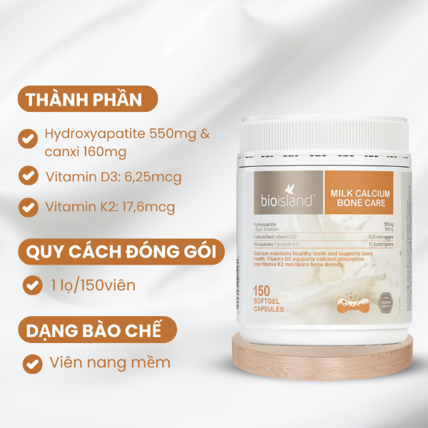 Ảnh của Viên uống bổ Sung Canxi, K2 và D3 Bioisland Milk Calcium Bone Care (Hộp 150 viên)